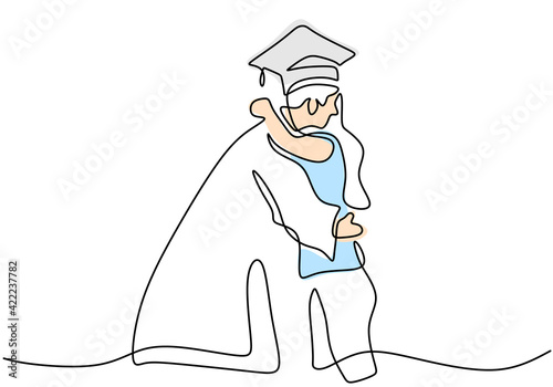 Continuous line drawing of graduation men student with his friend is hugging each other. Celebration ceremony master degree academy graduate design sketch outline drawing vector illustration