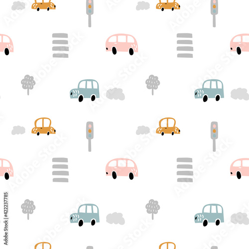 Vector pastel color doodle scandinavian cars with crosswalks and traffic lights. Seamless baby boy pattern. Texture for wallpaper, fills, web page background