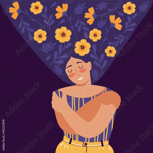 Love yourself, care, acceptance, mental health, happiness, body positive, harmony creative concept. Woman with flowers in hair stands closed eyes and hugs herself. Flat cartoon vector illustrations.