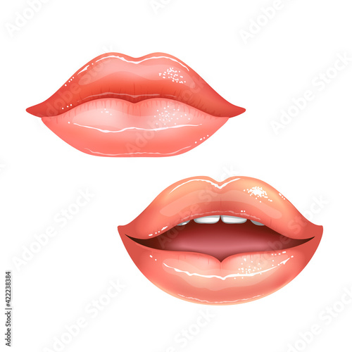 2 shining beautiful female nude lips with teeth for different designs. Pink lipstick color. Realistic vector illustration.