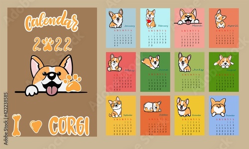 funny calendar 2022 with welsh corgi dogs funny cute corgi dogs. Vector stock flat illustration.