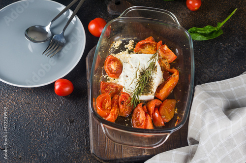 Viral recipe pasta with Feta baked and tomatoes, garlic and herbs photo