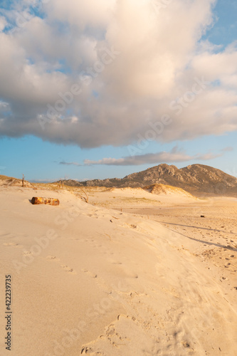Basura industrial tirada en las dunas de una playa con luz de atardecer y formación montañosa al fondo.