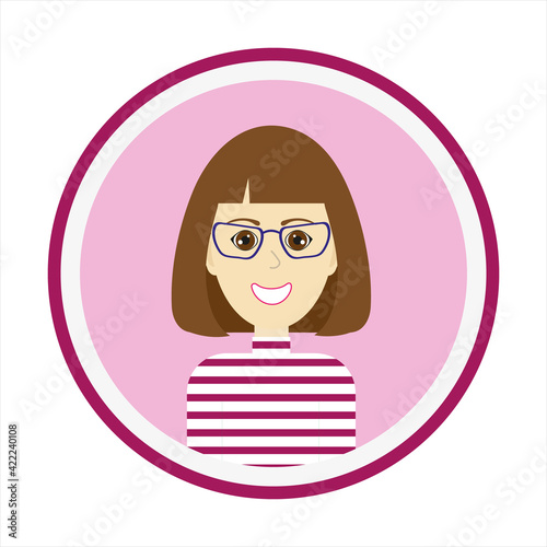 Female avatar. Cute woman portrait on pink background. Smiling girl face with medium length brown hair, brown eyes and glasses. Isolated vector illustration.