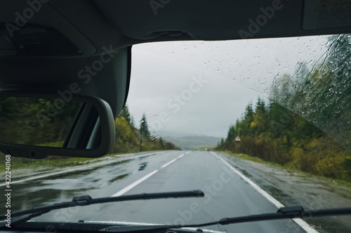 Rainy highway throught the forest,