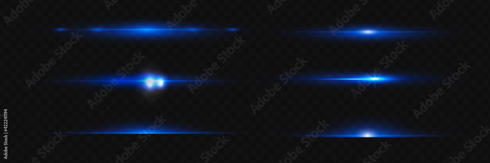Blue horizontal lens flares pack. Laser beams, horizontal light rays. Beautiful light flares. Blue horizontal lens flares pack. Laser beams, horizontal light rays. Beautiful light flares.