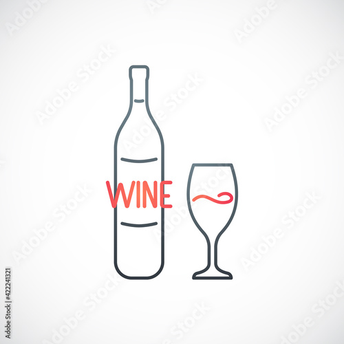 Wine emblem. Simple outline template with wine bottle and wine glass isolated on white background. Vector line icon.