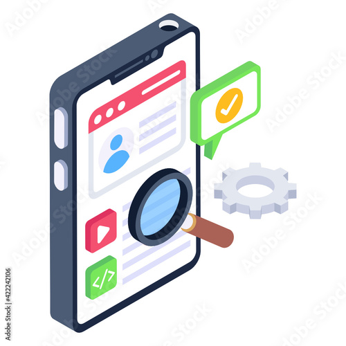
Mobile with magnifier denoting isometric icon of mobile application testing 

