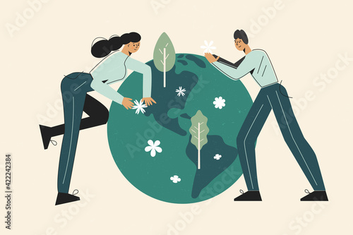 Earth day protect nature and ecology concept. People take care about planet. Globe with trees, plants, flowers and eco volunteer character. Flat vector cartoon illustration