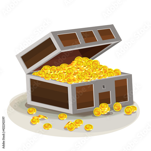 Vector image of an open chest with gold coins. EPS 10. Isolated on white background