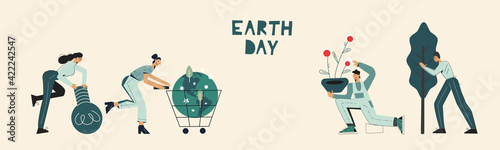 Earth day protect nature and ecology concept. People take care about planet. Globe with trees, plants, flowers and eco volunteer character. Flat vector cartoon illustration