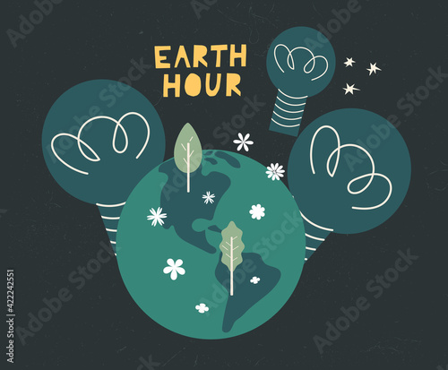 Earth hour day concept card cartoon illustration. Support promise for planet actions, change global world. Environmental threat. Flat vector design for poster, web, background