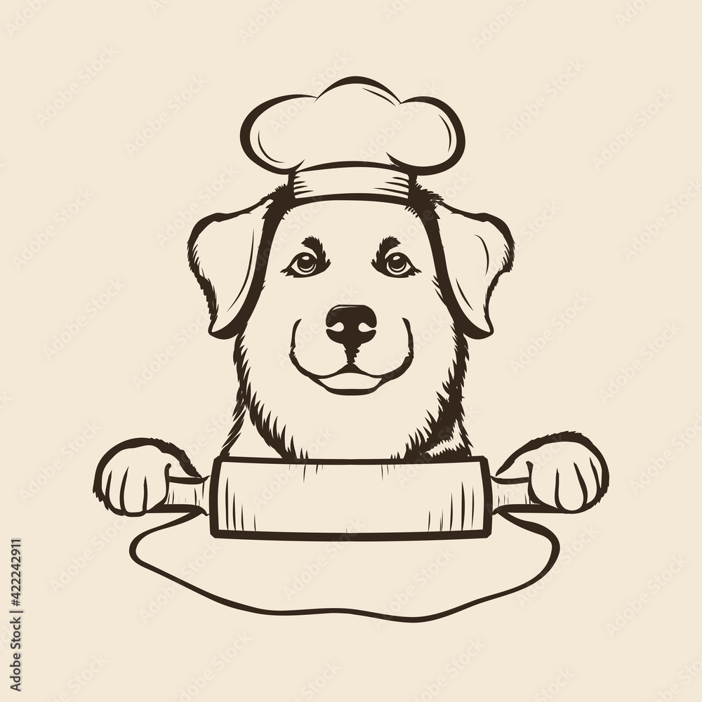Cute dog with chef hat logo, cartoon vector illustration on animal food