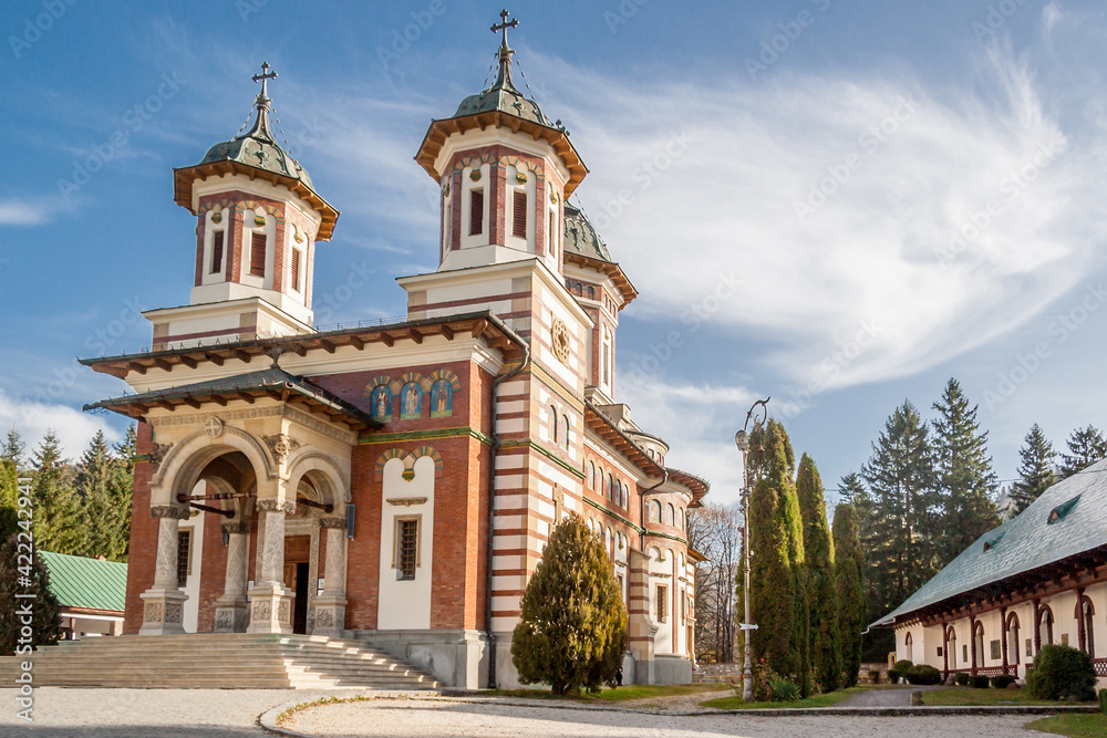 Sinaia Orthodox Monastery on Prahova Valley, Carpathian Mountains, in the Prahova district, Romania.