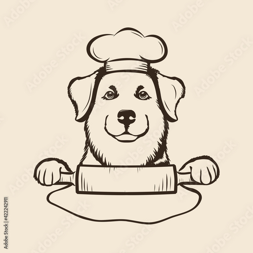 Cute dog with chef hat logo, cartoon vector illustration on animal food theme
