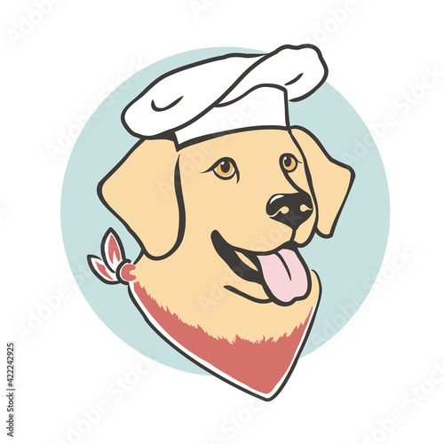 Cute puppy Labrador retriever dog with chef hat, cartoon vector illustration on animal food theme