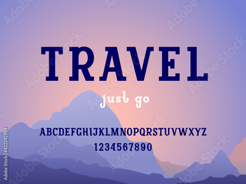 Trendy black font, bold alphabet serif, uppercase Latin letters from A to Z and Arab numbers from 0 to 9 in the style of handmade graphics, vector illustration 10EPS