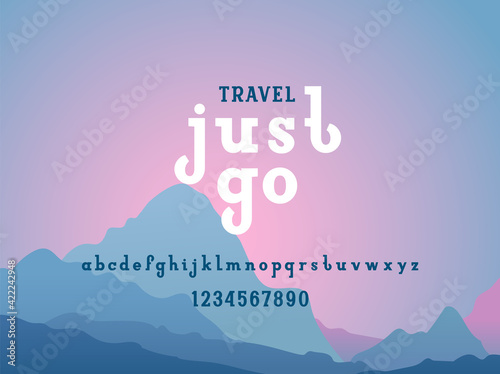 Trendy black font, bold alphabet serif, lowercase Latin letters from A to Z and Arab numbers from 0 to 9 in the style of handmade graphics, vector illustration 10E