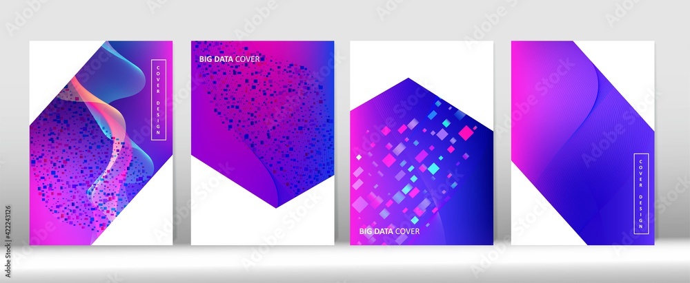 Modern Covers Set. Pink Blue Purple Digital Vector Cover Layout. Grunge Geometric Music