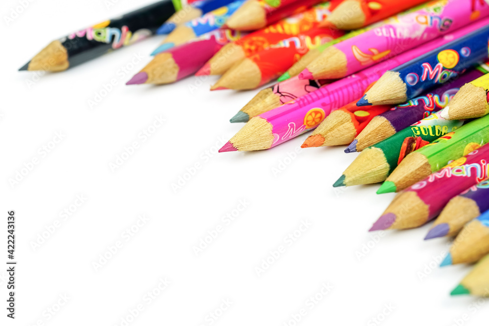 Color pencils on white background.Drawing supplies: many different colored pencils.