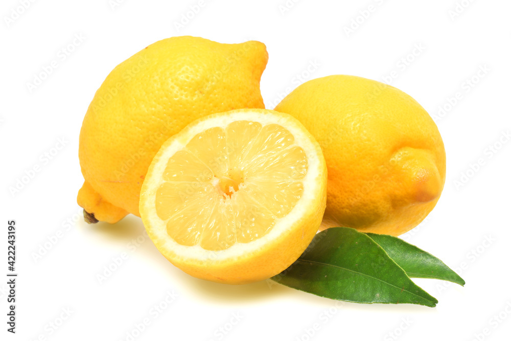 Lemons citrus in group whole and cutted fruits isolated on white