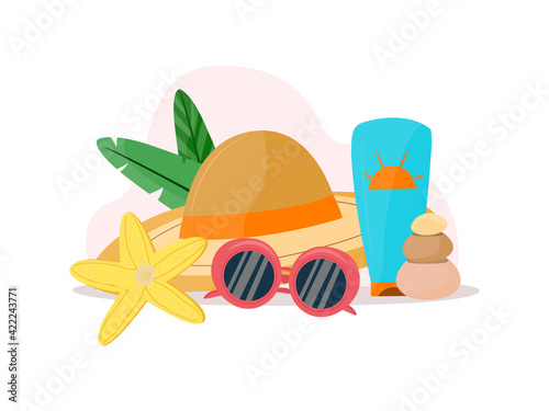 sunscreen concept. Straw hat, sunblock, sunglasses. For magazines, advertisements, information brochures. Vector illustration. Flat