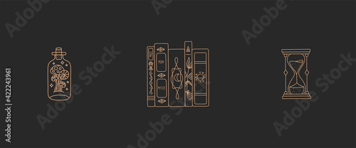 Boho books, mushroom and hourglass, line art set, witchcraft objects simple gold line, bohemian vintage mystic symbols and elements, black background. Modern trendy vector illustration in doodle style