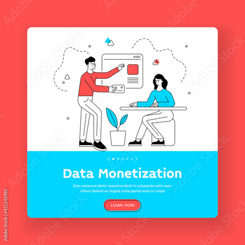 Data monetization square banner template. Vector illustration of content provider gets paid for data. Monetizing of data services