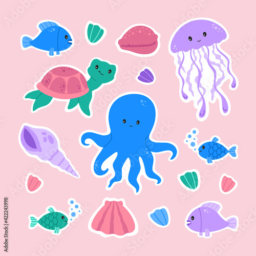 Ocean or sea cute baby animals sticker collection on pink background. Marine creatures badges, octopus, jelly fish, shell and turtle underwater inhabitants set, flat cartoon style vector illustration.