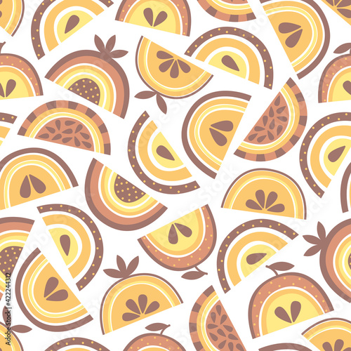 Vector seamless pattern: flat abstract exotic beige and brown fruits on white. Nice warm color design for textile, wallpaper, wrapping paper, notebook cover. 
