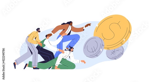 Greedy people chasing for big money. Cash race concept. Competitors striving for richness and wealth. Characters running to hit jackpot. Colored flat vector illustration isolated on white background