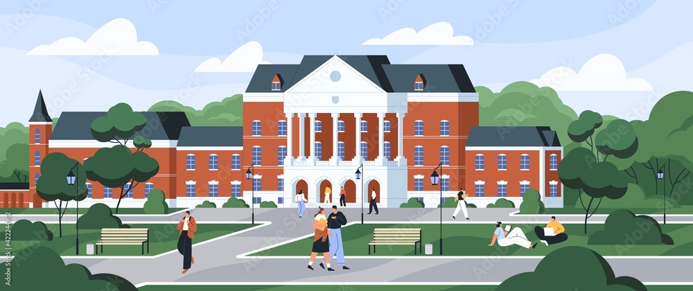 Students walking and sitting on grass at university campus. Exterior of college building among trees. Schoolhouse with columns. Colored flat vector illustration of education institution