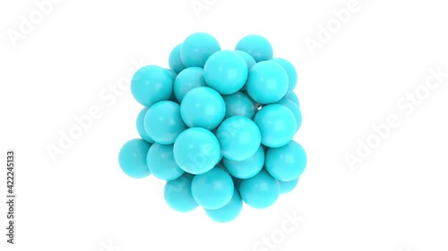 Des balles apparaissent en restant agglutinées en rotation puis disparaissent. Rendu 3D.
