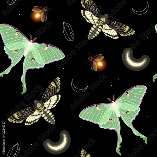 Vector seamless pattern with moon moth and stars