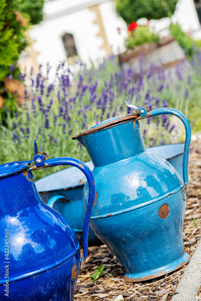 Antique blue jugs of enameled metal for water, Lubietova, Slovakia
