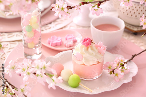 Spring dessert plate with cherry blossom mousse and Three color dumplings. Beautiful cherry blossom background. 手作り桜スイーツ おうちでお花見 ティータイム