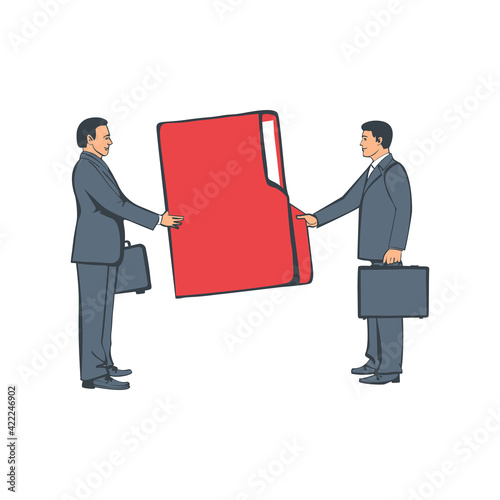 Giving a document. Two businessmen at a meeting transfer a folder with documents from hand to hand. Vector illustration flat sketch design style. Isolated on white background.