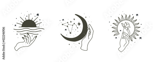Beauty boho collection with hand,sun,moon,star.Vector illustration for icon,sticker,printable and tattoo