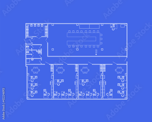 Modern office interior with furniture. Vector blueprint. Architectural background. 