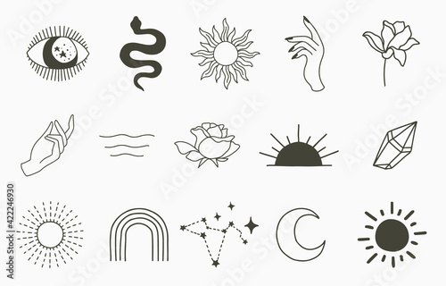 Beauty boho collection with hand,snake,eye,sun.Vector illustration for icon,sticker,printable and tattoo