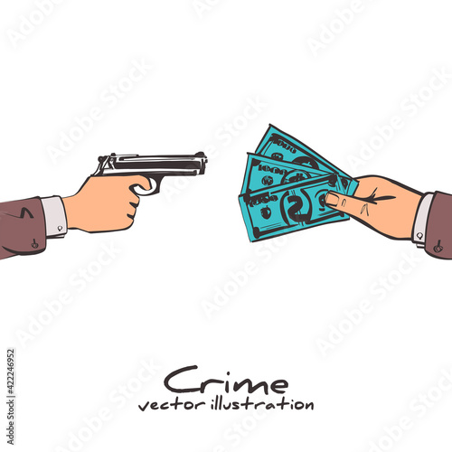 Robbery concept. Criminal threatening a gun extorts money from the victim. Bandit with a gun.Money in hand. Vector illustration sketch flat design. Isolated on white background. Theft of cash.