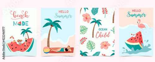 Collection of summer background set with people,watermelon,beach,coconut tree.Editable vector illustration for invitation,postcard and website banner.Hello summer