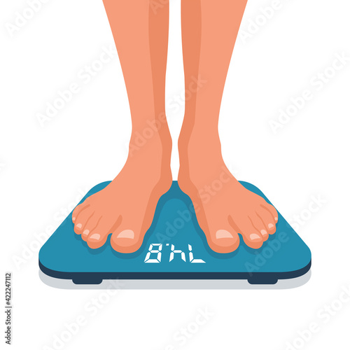 Man standing on weight scale. Man legs on scales. Human is weighed. Body on scales. Vector illustration flat design. Isolated on white background. Overweight people. Healthy lifestyle.