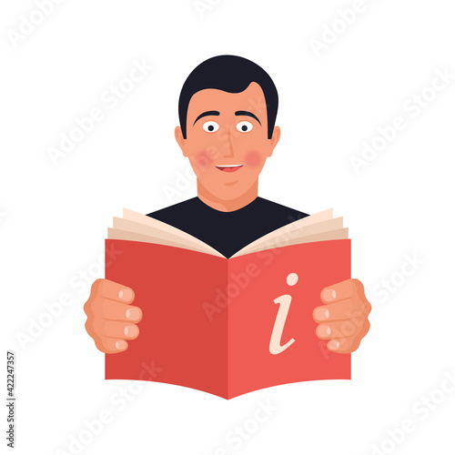 Reading instructions. Happy man with an open book. Mandatory study of the tutorial. Guide for use. Instructions for the equipment. Vector flat design. Isolated on white background.