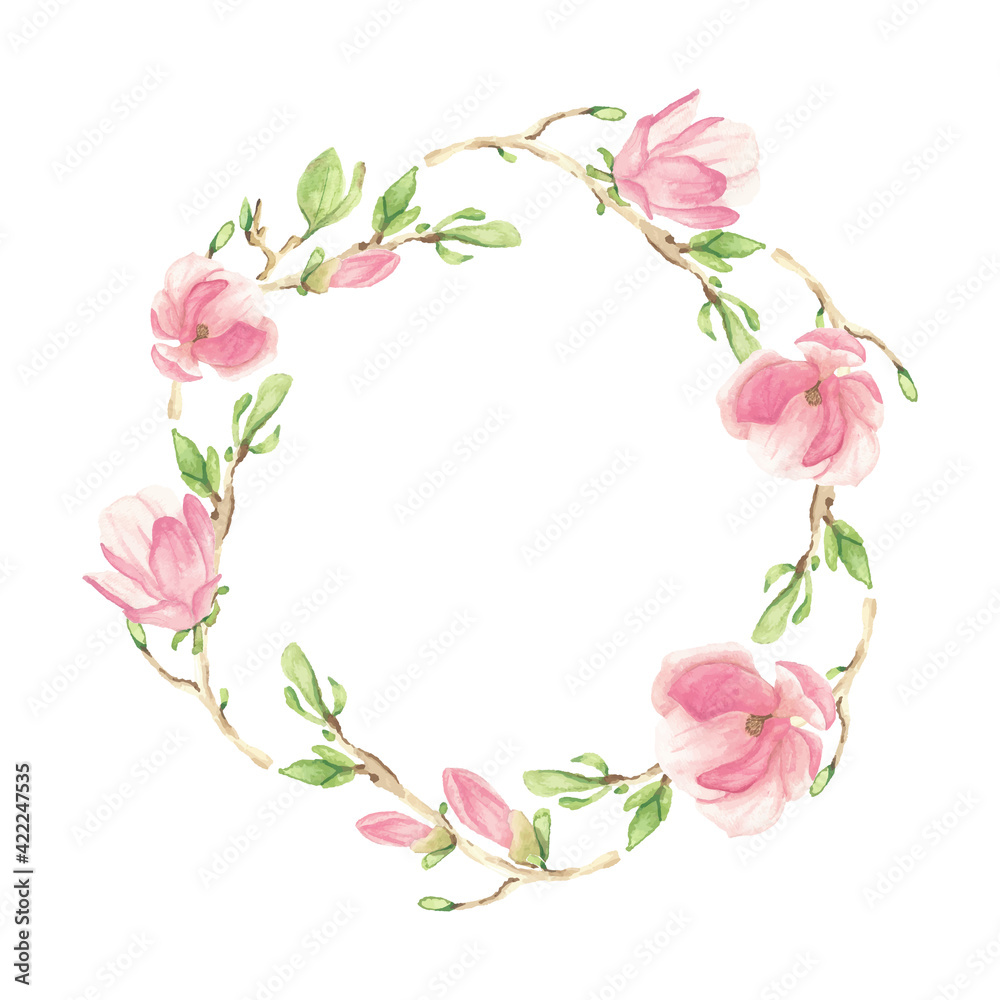 watercolor pink blooming magnolia flower and branch wreath frame watercolor pink blooming magnolia flower and branch wreath frame