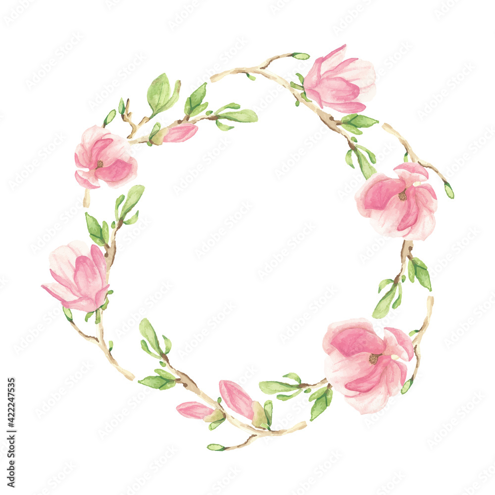 watercolor pink blooming magnolia flower and branch wreath frame