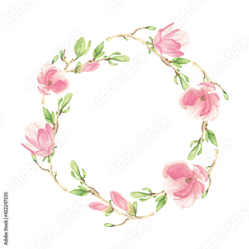 watercolor pink blooming magnolia flower and branch wreath frame