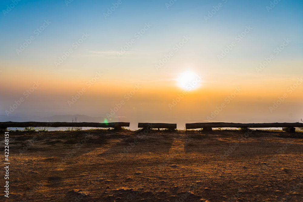 The timber seat with a view of the sunrise