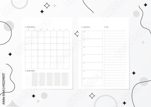 Two sheets of paper A4 with planners for week and moth.
