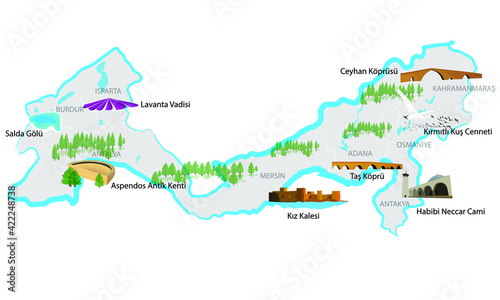 Mediterranean. Turkey's historical and touristic places. Mediterranean (Akdeniz) region. Touristic places. Vector images.